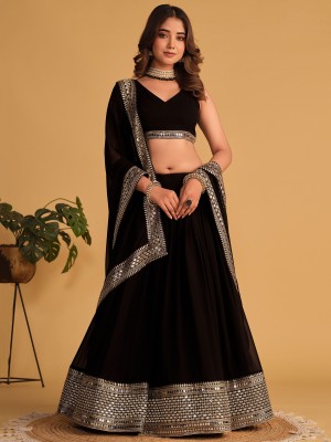 Anaadih Embroidered Semi Stitched Lehenga Choli(Black)