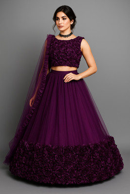 TRIVORA Solid Semi Stitched Lehenga Choli(Purple)
