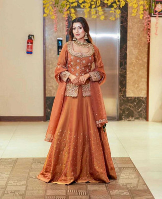 TILKI Embroidered Stitched Lehenga & Crop Top(Orange)