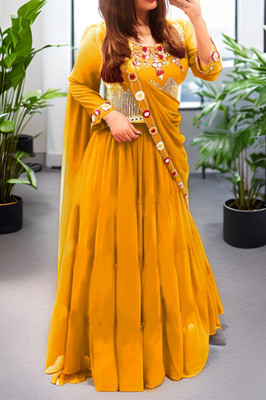 Anjani Textile Embroidered Semi Stitched Lehenga & Crop Top(Yellow)