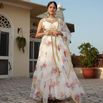TRIVORA Digital Print Semi Stitched Lehenga Choli(White)