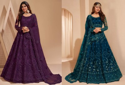 Cute Fellow Embroidered Semi Stitched Lehenga Choli(Purple, Blue)