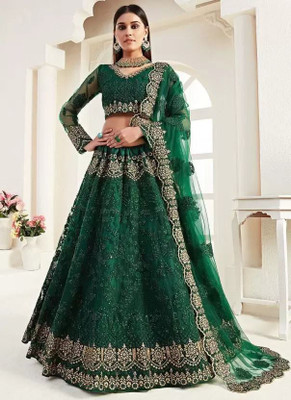 TRIVORA Embroidered Semi Stitched Lehenga Choli(Green)