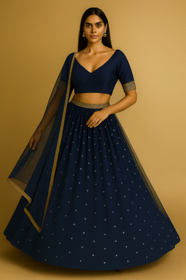Rise On Fab Embroidered Semi Stitched Lehenga Choli(Dark Blue)