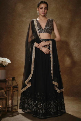 HOUSE OF COMMON Embroidered Semi Stitched Lehenga Choli(Black)