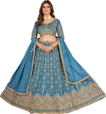 CLOTHTEXTILE Embroidered Semi Stitched Lehenga Choli(Blue)