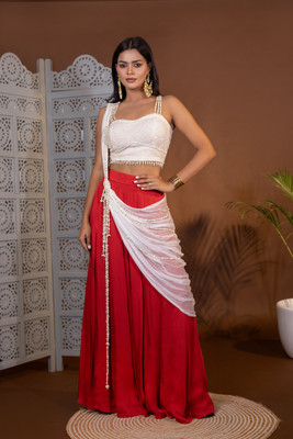 The Behruz Theory Solid Stitched Lehenga Choli(White, Red)