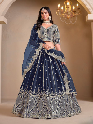 odette Embroidered Semi Stitched Lehenga Choli(Blue)