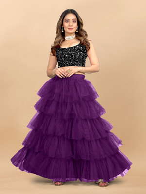 Julee Solid Semi Stitched Lehenga & Crop Top(Purple)