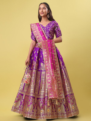 PURVAJA Floral Print Semi Stitched Lehenga Choli(Purple)
