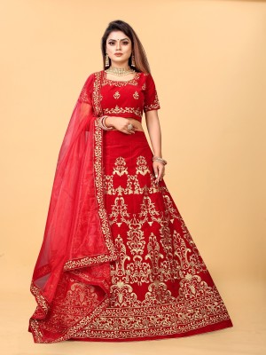 LADY SHOPI Embroidered Semi Stitched Lehenga Choli(Red)