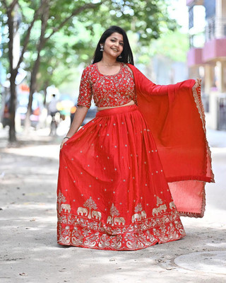 VIVAI CREATION Embroidered Semi Stitched Lehenga Choli(Red)