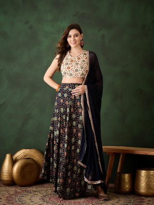 SAUBHAGYA Printed Stitched Lehenga Choli(Dark Blue)