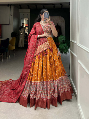 KRISHU ETHNICS Printed Semi Stitched Lehenga Choli(Yellow)