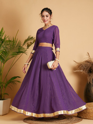 Shae by SASSAFRAS Printed Stitched Lehenga & Crop Top(Purple)