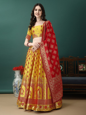 SWAMI STUDIO Self Design Semi Stitched Lehenga Choli(Gold, Red)