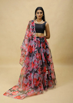 PuriMaa Floral Print Semi Stitched Lehenga Choli(Black)