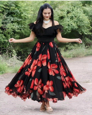 Ajfab Floral Print Stitched Lehenga & Crop Top(Red, Black)