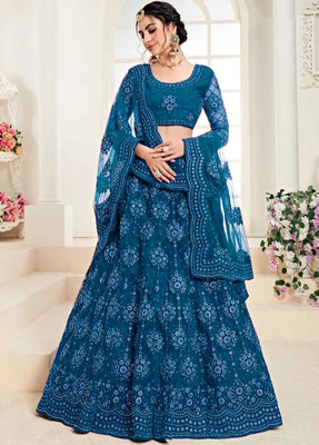 Cute Fellow Embroidered Semi Stitched Lehenga Choli(Light Blue)