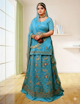 Bhawani Collection Embroidered Semi Stitched Rajasthani Poshak(Light Blue)