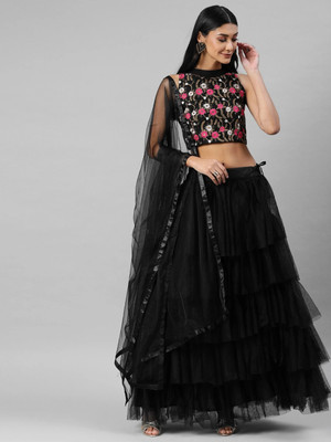 Fabcartz Solid Semi Stitched Lehenga Choli(Black)