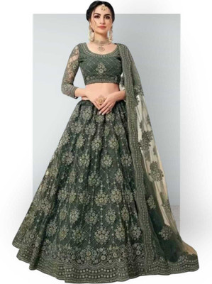 Kitvillaa Embroidered Semi Stitched Lehenga Choli(Multicolor)