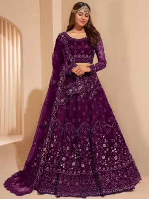 Udbhav Export Embroidered Semi Stitched Lehenga Choli(Purple)