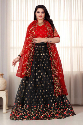 Khodiyar Embroidery Embroidered Semi Stitched Lehenga Choli(Black, Red)