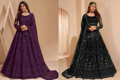 Udbhav Export Embroidered, Embellished Semi Stitched Lehenga Choli(Purple, Black)