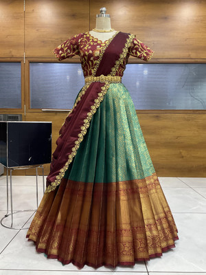 PinkBindi Self Design Semi Stitched Lehenga Choli(Blue)