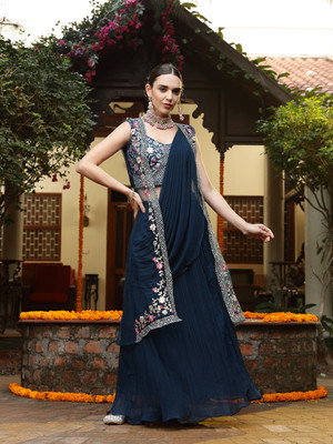 Stylum Embroidered, Printed Stitched Lehenga Choli(Dark Blue)