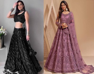 Reelove Factory Embellished Semi Stitched Lehenga Choli(Black, Purple)