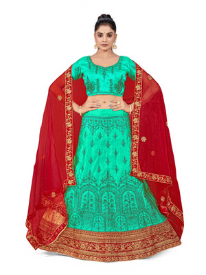 manvaa Solid, Embroidered, Embellished Semi Stitched Lehenga Choli(Green)