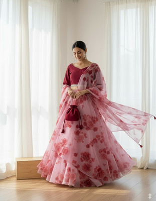 PuriMaa Floral Print Semi Stitched Lehenga Choli(Pink)