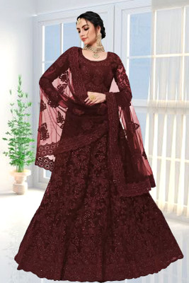 NJ FASHION Solid, Embroidered, Embellished, Self Design Semi Stitched Lehenga Choli(Maroon)