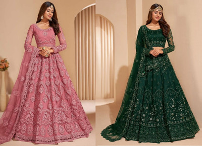 Cute Fellow Embroidered Semi Stitched Lehenga Choli(Pink, Green)
