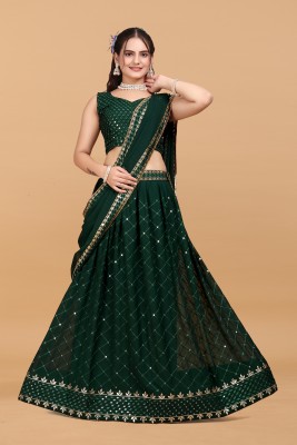 BronezoMart Embroidered, Self Design Semi Stitched Lehenga Choli(Dark Green)