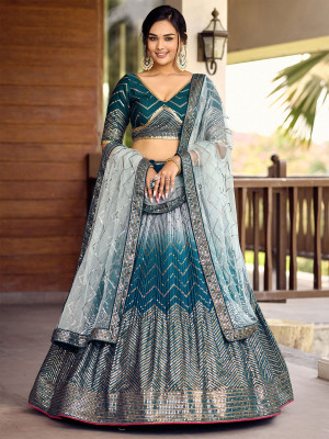odette Embroidered Semi Stitched Lehenga Choli(Blue)