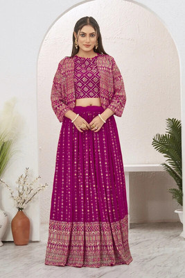 chansi Trendz Self Design Stitched Lehenga with Jacket(Pink)