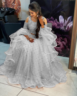 Mert India Embellished Semi Stitched Lehenga Choli(Grey)