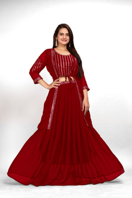 edjy Embroidered Stitched Lehenga & Crop Top(Maroon)