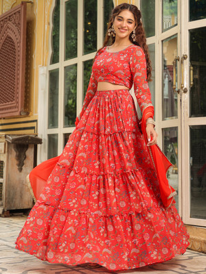 Janasya Printed Stitched Lehenga Choli(Orange)