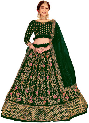 style crush Embroidered Semi Stitched Lehenga Choli(Dark Green, Gold)