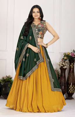 JJSYNTHETICS Solid Semi Stitched Lehenga Choli(Yellow, Multicolor)