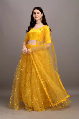 Vihat Fashion Embellished, Self Design Semi Stitched Lehenga & Crop Top(Yellow)