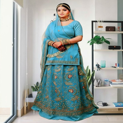 Shree Maashakti Trading Embroidered Semi Stitched Rajasthani Poshak(Light Blue)