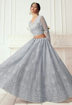 Kitvillaa Embroidered Semi Stitched Lehenga Choli(Light Blue)