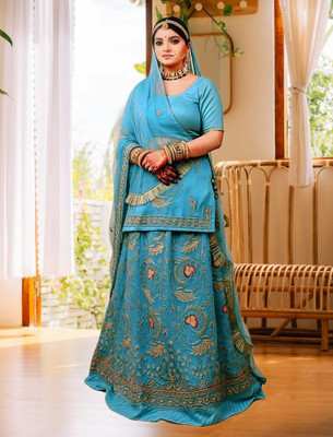 Bhawani saree center Embroidered Semi Stitched Rajasthani Poshak(Light Blue)