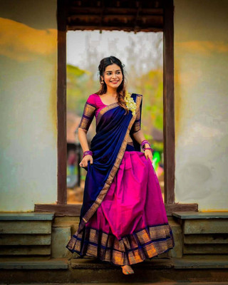 VADTALWALA Solid Semi Stitched Lehenga Choli(Pink, Blue)