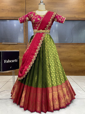 PinkBindi Self Design Semi Stitched Lehenga Choli(Green)